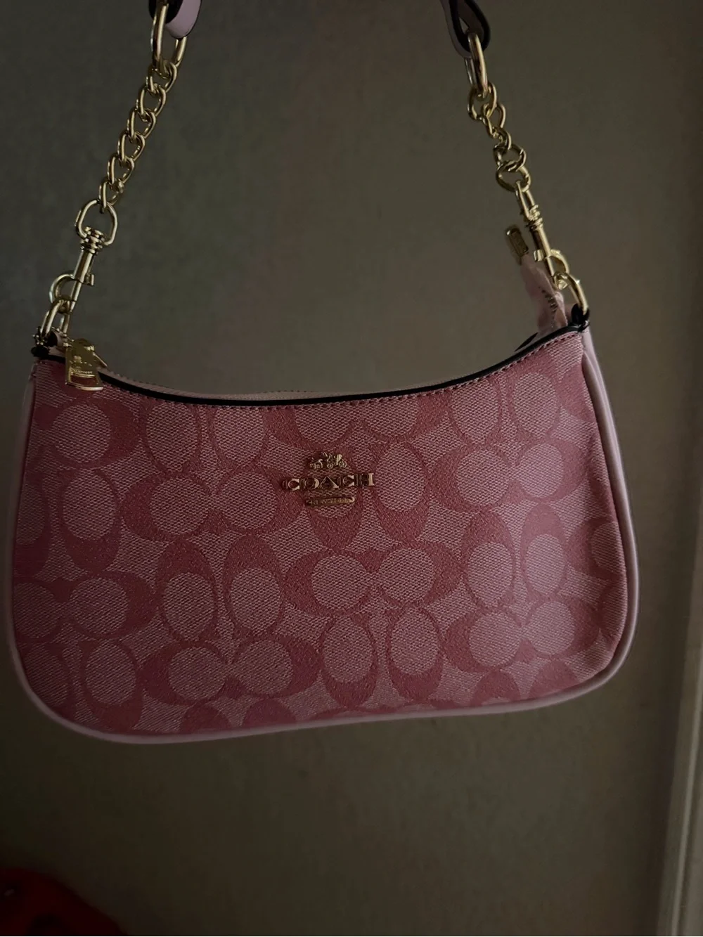 Coach Pink Signature Mini Shoulder Bag with Gold Hardware